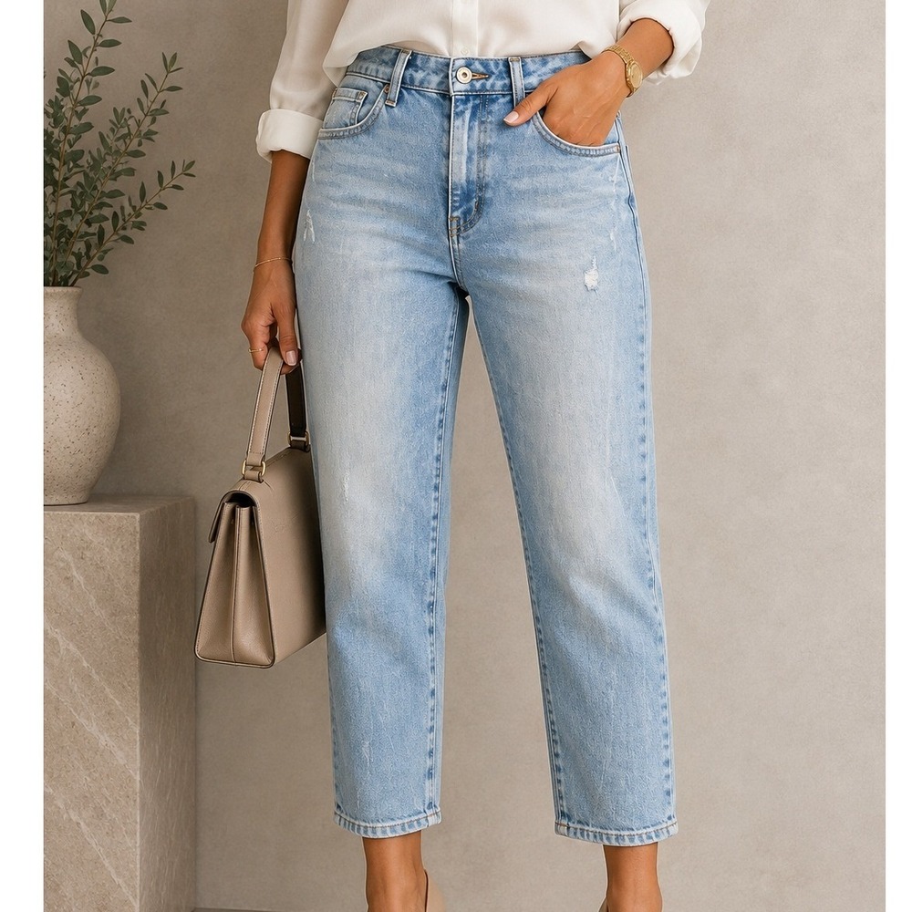 Giordano Women Light Wash Distressed High Rise Straight Leg Denim Jeans 28 Crop